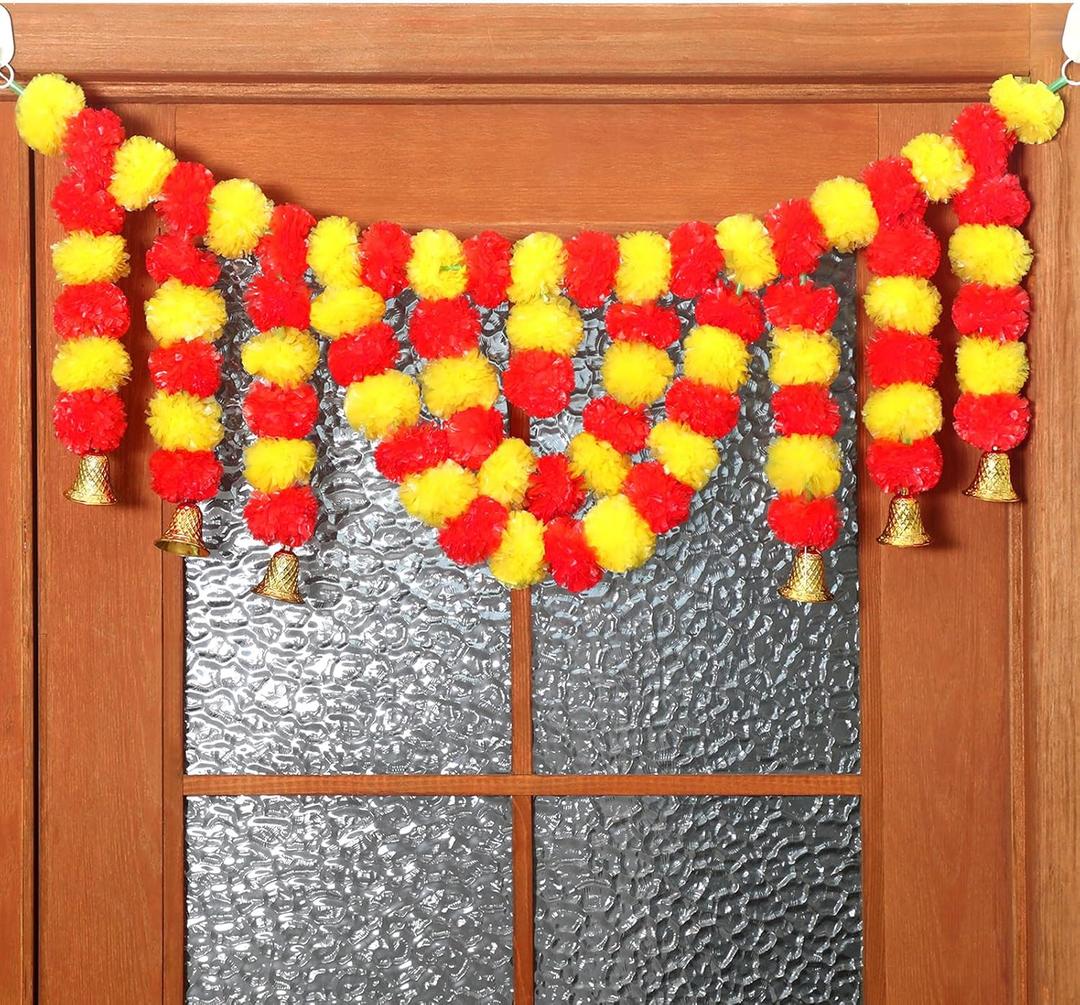 Yinder Marigold Garland for Decoration Diwali Decoration for Door Toran 3.3 Feet Long Artificial Marigold Flowers Garland with Gold Bells for Diwali Door Pooja Temple Indian Home Wedding Decor