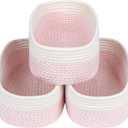 CubesLand Rectangle Organization/Storage Basket, Natural Cotton Rope Woven Baskets for Organizing, Small Basket for Kids, Baby Nursery, Cat Dog Toy Baskets, Organizer Bins for Shelves 3 Packs (Off White/Mixed Pink)