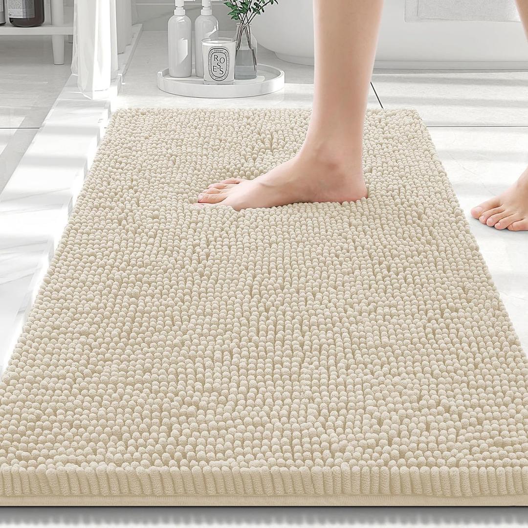 Smiry Luxury Chenille Bathroom Rugs 30x20, Extra Soft and Absorbent Shaggy Bath Mat, Machine Washable, Non-Slip Plush Carpet Runner for Tub, Shower, and Floor, Home Decor Accessories, Sand