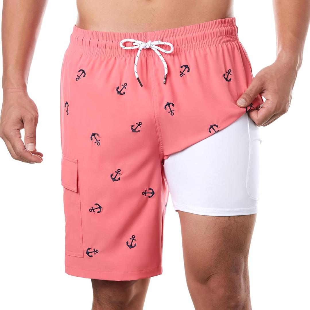 BRISIRA Mens Swim Trunks Bathing Suit 9 Inch Inseam Compression Liner Beach Long Board Shorts Swimsuit Anti-Chafe Quick Dry, 36