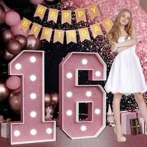 Marquee Numbers Pink 16th-Birthday Decorations: Large 3ft Light Up Number Rose Gold Sweet 16 Party Decoration for Boy Girl Sixteen Year Old Decor Party Backdrop Anniversary Big Mosaic Number 16