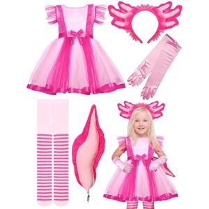 Fourluoo 3 Pcs Pink Axolotl Costume for Girl Pink Tutu Skirt Halloween Cosplay Set for Kid Halloween Dress up Cosplay Party, Size 3-5Y