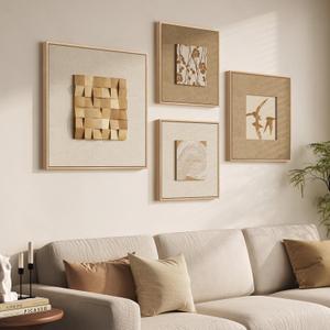 Large Framed 3D Neutral Wood Wall Art for Living Room, 4 Piece Textured Minimalist Abstract Paintings Artwork for Walls, Beige Brown Wooden Wall Decor for Hallway, Dining Room, Office, Size: 28x28" + (20x20") x2ps +24x24"