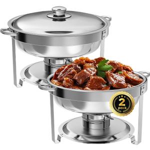 Chafing Dish Buffet Set of 2 Pack, 5QT Round Stainless Steel Chafer for Catering, Upgraded Chafers and Buffet Warmer Sets with Food & Water Pan, Lid, Frame, Fuel Holder for Event Party Holiday