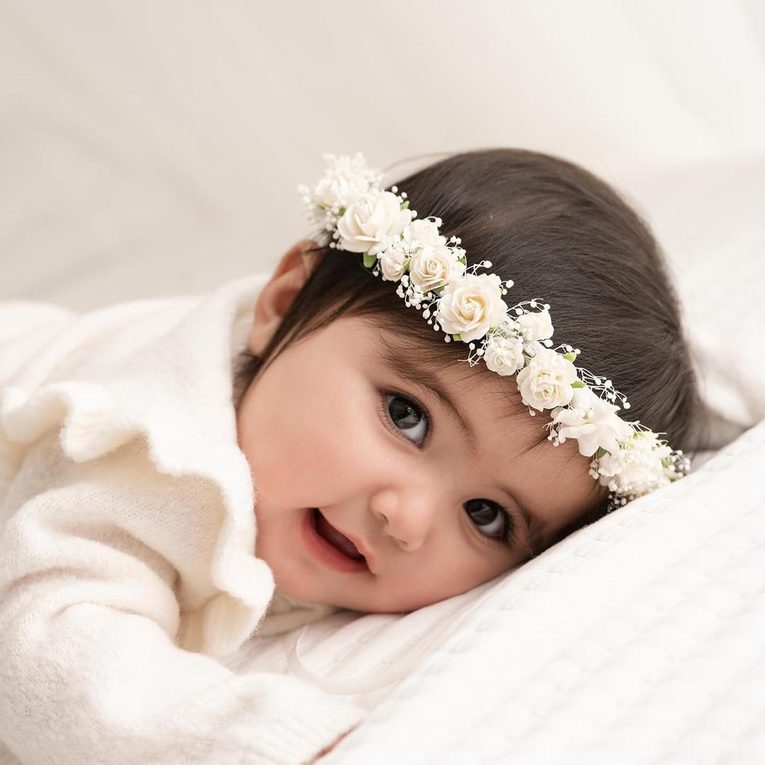 Toddler Flower Crown with Baby's Breath 1st Birthday Photo Prop Headpiece Baby Girls Floral Hair Wreath Rustic Wedding Headband for Toddler(40cm length)