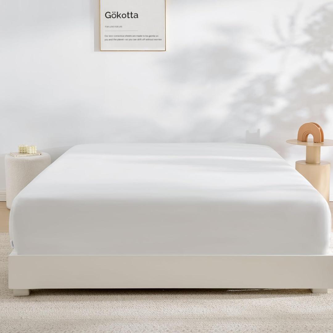 GOKOTTA Fitted Sheet Queen Only,100% Rayon Derived from Bamboo Fitted Sheet,Ultra Soft,Cooling and Breathable Bottom Sheet with 4 Elastic Corner Straps,No Slip,No Pilling,16" Deep Pocket-Bright White
