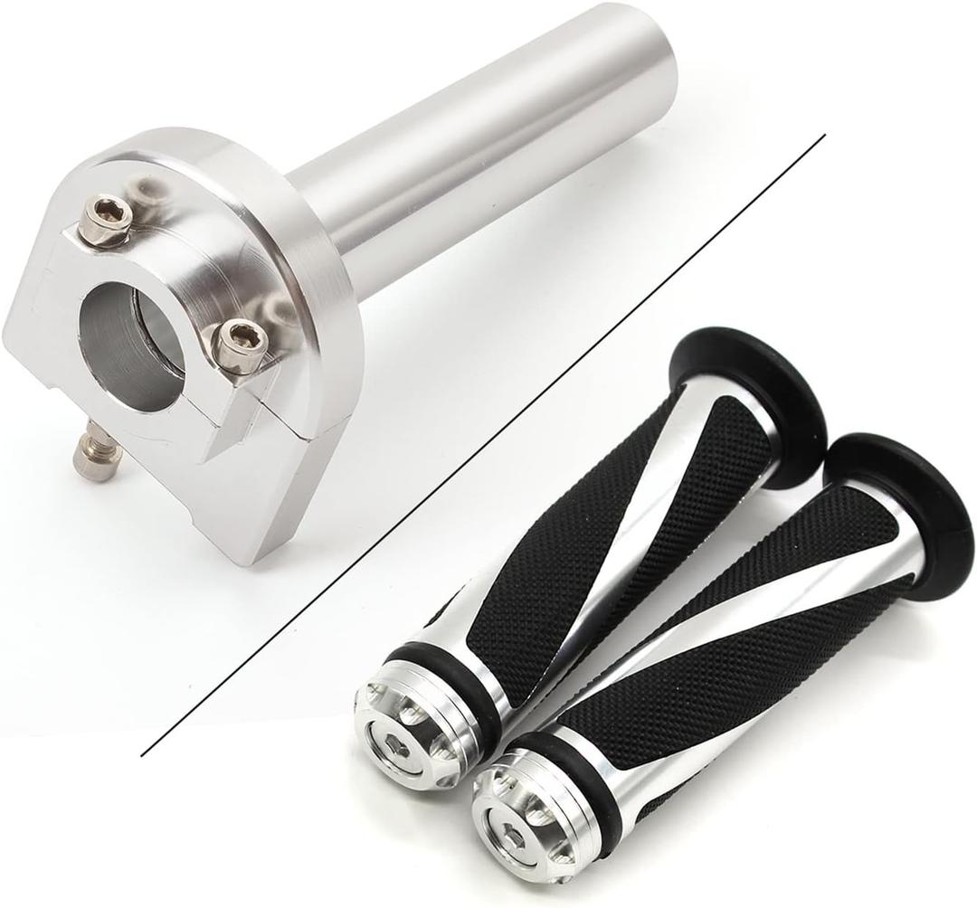 Motorcycle 7/8" Handle bar Hand Grips with Anodized CNC Quick Twist Throttle Tube Motorized Lever Control Fit for Most Scooter Sportbikes ATV for Kawasaki Honda Suzuki Yamaha Ducati (Sliver)