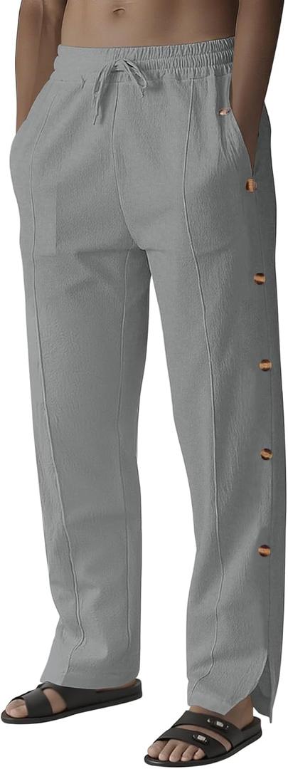 Mens Linen Pants Summer Casual Button Straight Beach Pants Baggy Elastic Waist Drawstring Yoga Trousers with Pockets (Gray, XL)