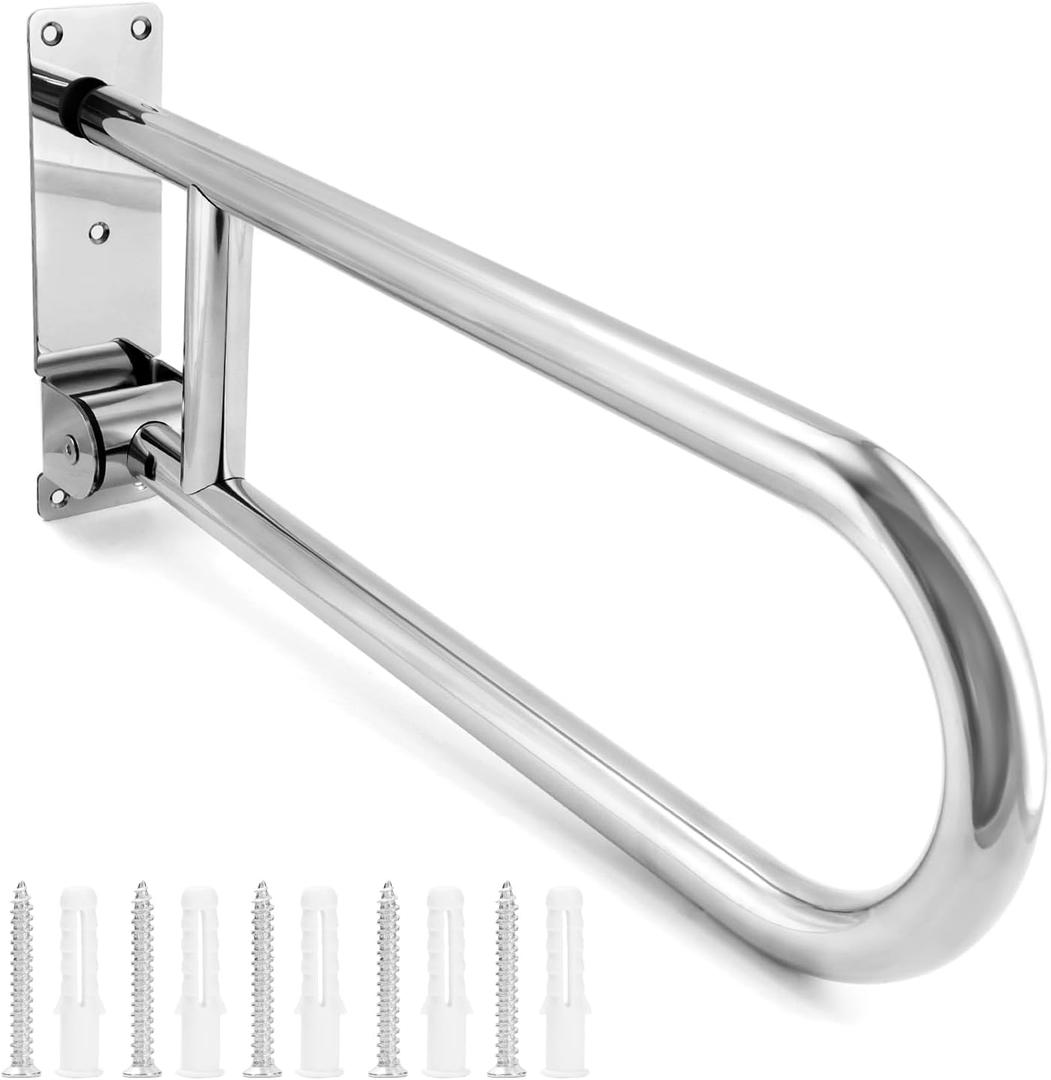 QWORK 23.6" Stainless Steel Toilet Safety Rails with Flip-Up Design - Handicap Grab Bars, Bathroom Handrails