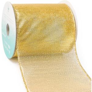 CT CRAFT LLC Gold Metallic Wired Ribbon 4 inch x 10 Yards for Christmas Home Decor Tree Topper Bow Gift Wrapping DIY Crafts Wreath Garland Wedding