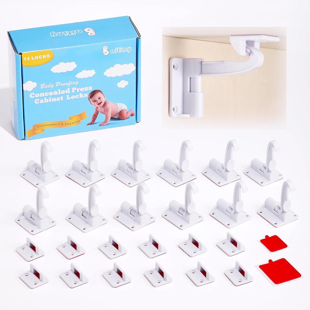 12 Pack Baby Proofing Cabinet Locks, Baitiny Child Proof Upgraded Adhesive Drawer Latch Locks, Invisible No Drilling 12 Piece Child Safety