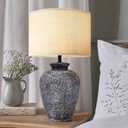 Ceramic Farmhouse Table Lamp for Living Room and Bedroom - Modern Black Pottery Beside Lamps for Small Nightstand and Large Side Table - Rustic Round Stone Lighting Single with White Beige Shade