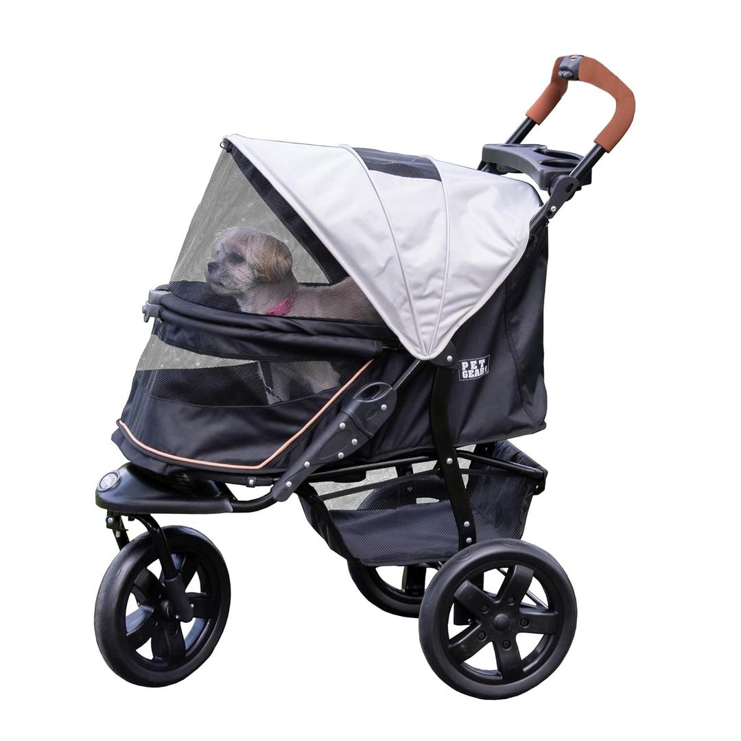 Pet Gear No-Zip AT3 Pet Stroller for Cats/Dogs, Zipperless Entry, Easy One-Hand Fold, Jogging Tires, Removable Liner, Cup Holder + Storage Basket, Platinum