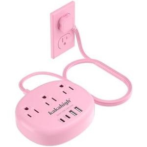 Pink Extension Cord with Surge Protected 1080J - 5 FT Kawaii Power Strip, 1625W Cute Extension Cord with 3 AC Outlet 4 USB (24W/4.8A), Compact for Cute Pink Kawaii Desk Home Essentials