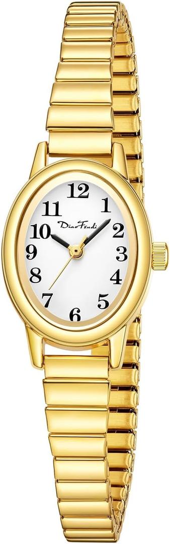 Diaofendi Petite Women's Easy Reader Watch, Analog Women Watch with Stainless Steel Expansion Band, Water Resistant (M(5.9"-7.5"), Gold)