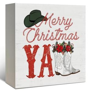DAYOUER Western Christmas Decorations, Merry Christmas Y'all Cowboy Boots Wooden Box Sign 5x5 Inch, Country Xmas Holiday Wood Signs for Home Office Desk Tabletop Shelf Wall Decoration