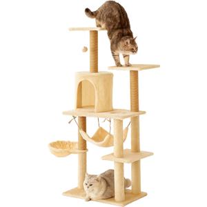 52 Inch Tall Cat Tree Tower with Scratching Post, Plush Condo with Scratching Post, Ramp, Perch, Spacious Cave, for Small Space