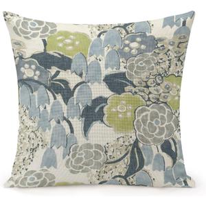 POMOTER French Flower Blue Grey Green Check Throw Pillow Cover,Traditional Checkered Decorative Pillow Cases Cotton Linen Square Cushion Covers for Sofa Couch,20"x20"