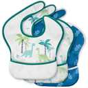 3-Pack Waterproof Baby Bibs for Eating - Mess Proof Lightweight Toddler Feeding Bibs with Large Food Catcher, Food-Grade Baby Eating Essentials, Easy to Put On & Clean (Blue Dinosaur)