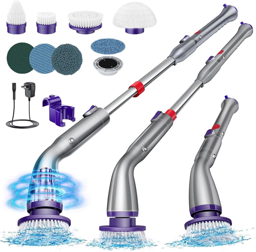 LABIGO Electric Spin Scrubber LA1 Pro, Cordless Spin Scrubber with 7 Replaceable Brush Heads and Adjustable Extension Handle, Power Cleaning Brush for Bathroom Floor Tile (Gray)