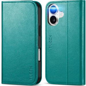 TUCCH Case for iPhone 16, PU Leather Flip Wallet Stand Folio Cover with [RFID Blocking] [3 Credit Card Slot] Shockproof [Soft TPU Interior Case] Compatible with iPhone 16 2024, Cyan