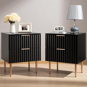SICOTAS White Night Stand Set 2, Fluted Glossy Nightstand with 2 Drawers, Wide Modern Storage Bedside Table for Bedroom, End Side Table with Golden Metal Legs and Handles (Black, 2 Pieces) only one nightstand set