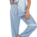 Ekouaer Silk Satin Pajamas Set Women Short Sleeve Sleepwear Soft Button Down Loungewear Pjs Set Light blue Large