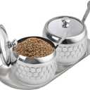 2 Pcs Stainless Steel Sugar Bowl with Lid Spoon and Tray,350ml/12 Oz Seasoning Jar Condiment Container for Home and Kitchen, Drum Shape Condiment Pots for Serving Sugar Salt Spice Pepper