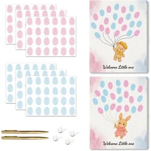 2PCS Fingerprint Guestbook with Bear and Bunny Baby Shower Guest Book Party Ideas Gender Reveal Fingerprint Guest Book with 2 Pens and 6 Stickers Gender Reveal Party Decorations