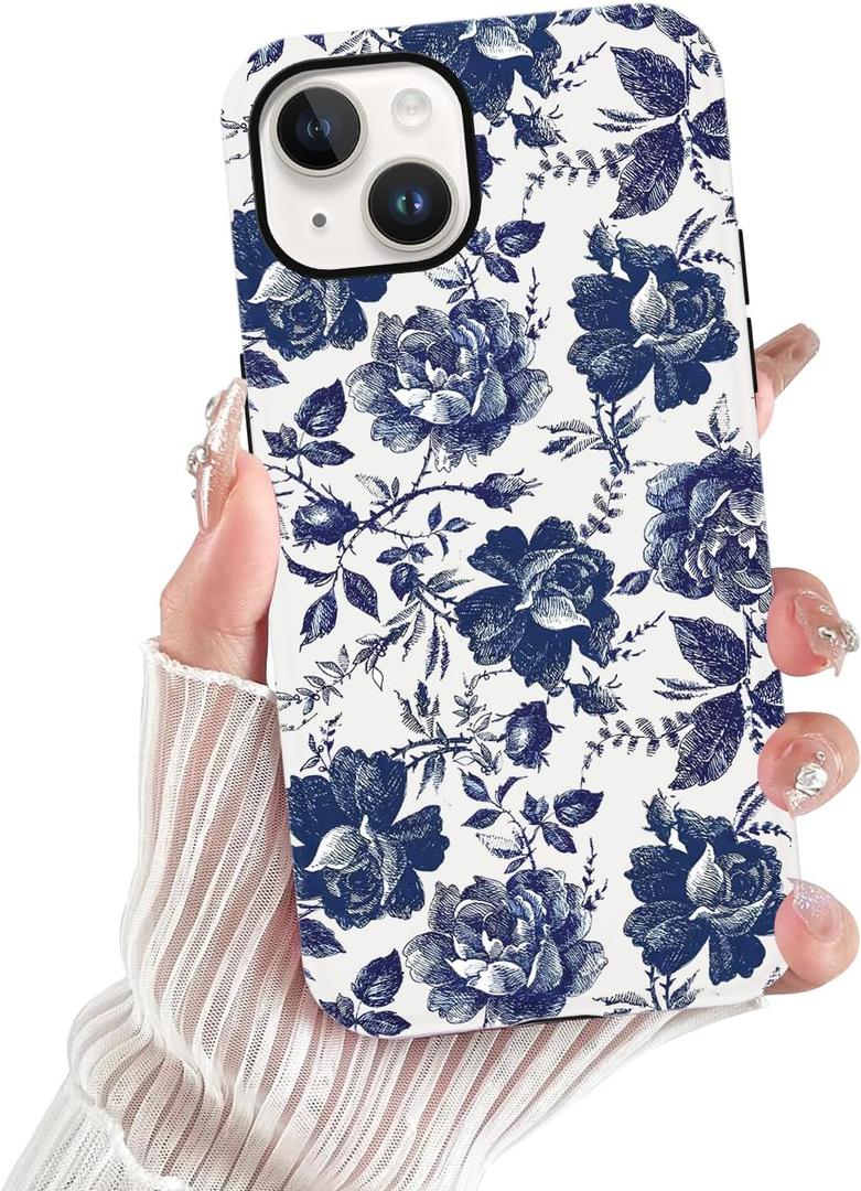 Cute Retro Blue Flowers Floral Phone Case for iPhone 13 / iPhone 14 Case 6.1", Coquette Trendy Pattern Print Design Phone Cover Hard PC Shockproof Soft TPU 2-in-1 Matte Funda for Girls Women