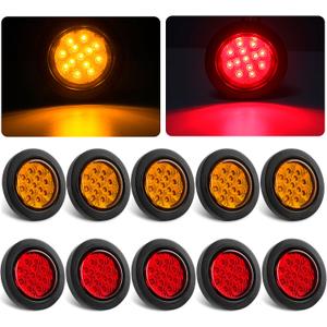 Konrali 2.5" Round LED Marker Lights 13 LEDs w/Reflectors, 5 Amber + 5 Red 2 1/2" Round LED Trailer Truck RV Side Clearance Marker Lights Sealed Flush Grommets Mount with 2 Prong Wire Pigtails