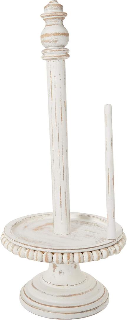 Mud Pie Farmhouse White-Washed Beaded Wood Pedestal Paper Towel Holder, Grey