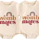 YOKJZJD Newborn Baby Girl Boy Twins Matching Outfits Womb Mates Short Sleeve Bubble Romper Bodysuit Summer Coming Home Outfit (Beige, 3-6 Months)