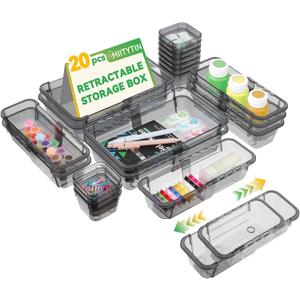 20 PCS Black Expandable Drawer Organizer, 3 Sizes Drawer Organizers and Storage, Vanity Dividers, Acrylic Storage Bins for Makeup, Jewelry Gadgets for Kitchen, Bedroom, Bathroom, Office