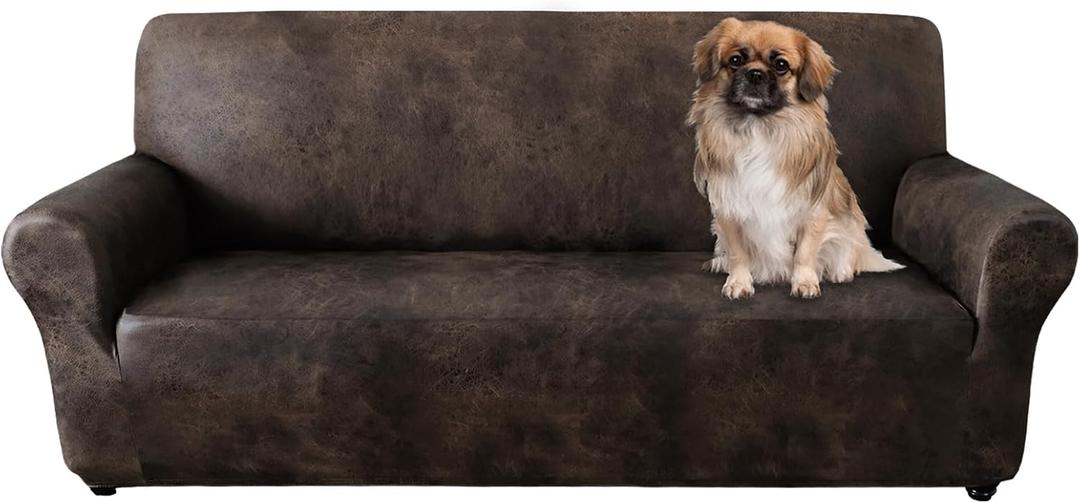 Sofa Cover, Couch Covers for Leather Couches, Stretch Sofa Covers with Leather-Like Texture, Washable, Non-Pilling, Non-Slip 1-Piece Couch Cover for Dogs, Cats and Kids (Sofa, Brown)