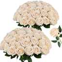 AmyHomie 48 PCS Champagne Roses Velvet Realistic Artificial Flowers with Bendable Stems for Wedding Bouquets Baby Shower Party Home Decor Fake Flowers Gifts for Valentines, Mothers Day, Womens Day