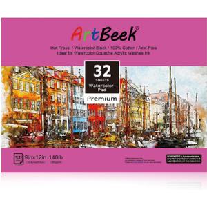 ArtBeek Watercolor Paper Block, Watercolor Block 100% Cotton Paper Pad 140g/300GSM (9X12 Hot Press)