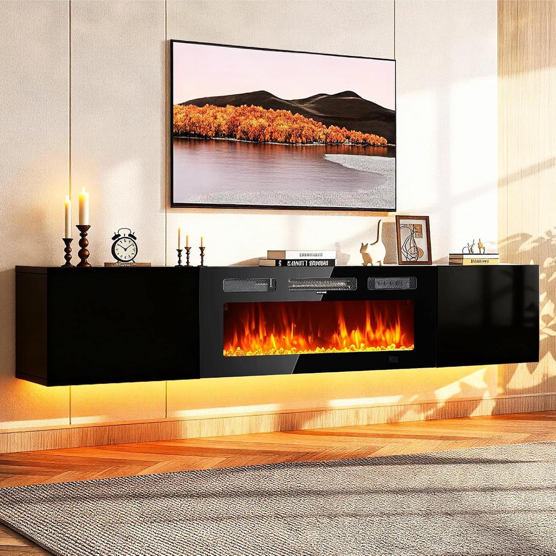 MXV 70'' Floating TV Stand, Modern Media Entertainment Center with 36" Electric Fireplace, TV Console Cabinet Wall Mounted, Adjustable 12-Color LED Lights, for Living Room, Black + Black