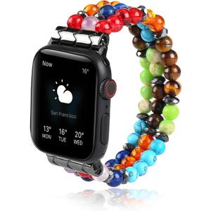 Bracelet Apple Watch Band beaded Compatible with 38mm/40mm/41mm 42mm/44mm/45mm for Women Men - Handmade 7 Chakra Elastic Wristband Watch Strap - iWatch Series 8 7 6 5 4 3 2 1 SE (Dark multicolor)
