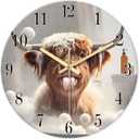 XNM Rustic Brown Glass Wall Clocks Battery Operated 12 Inch Highland Cow Clock for Bathroom Bedroom Living Room Funny Round Analog Wall Clock Silent
