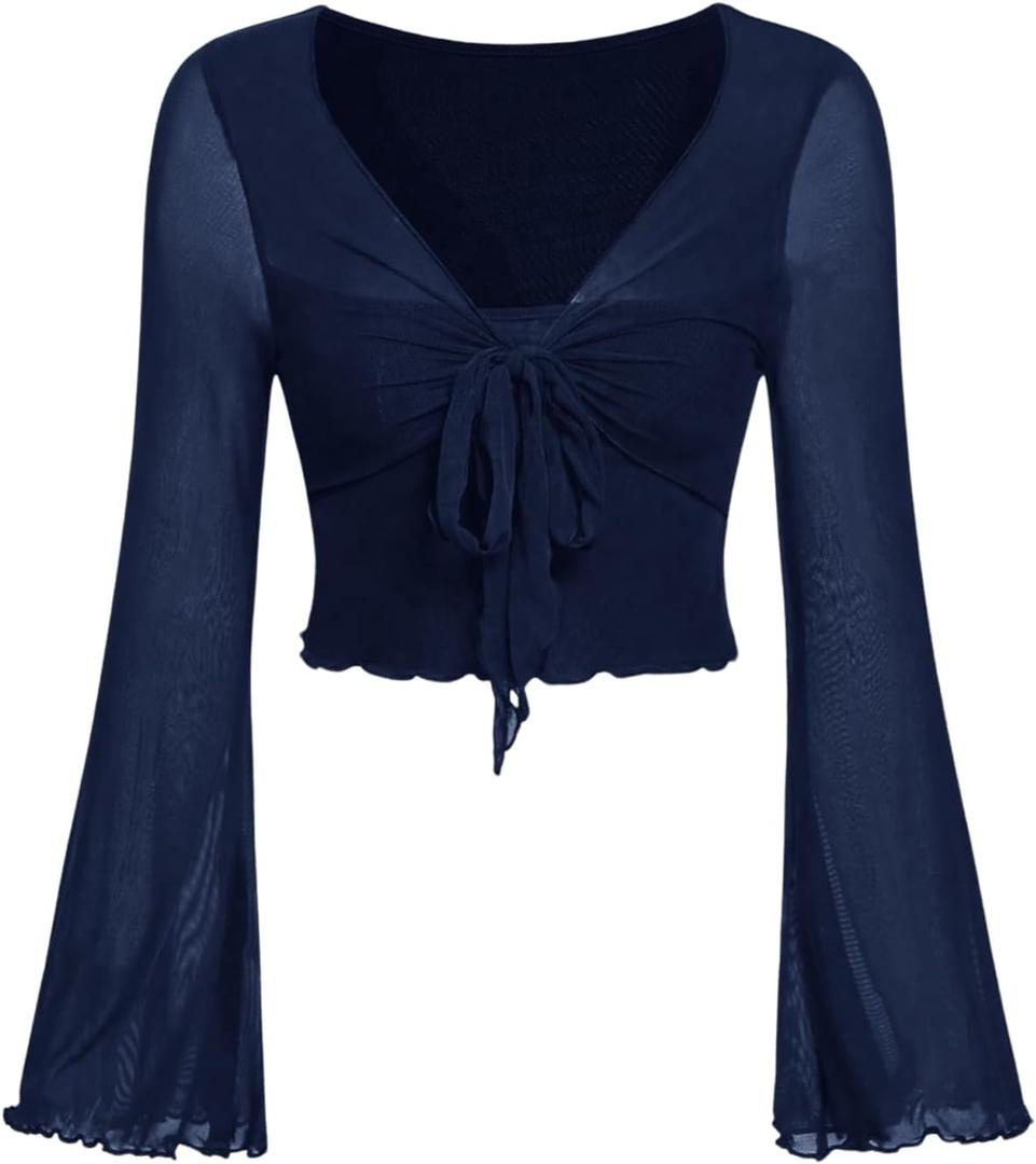 SHENHE Women's Plus Size Lace Tops Bell Sleeve Bow Tie Wrap Hippie Crop Tops Deep Blue 4X-Large Plus