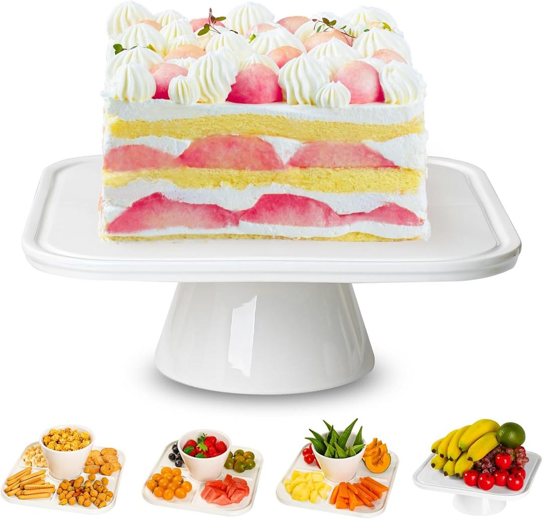 10" Square Ceramic Cake Stand 5-in-1 - White Pedestal Serving Platter for Wedding Birthday Party Baby Shower, Dessert Cupcake Fruit Display Stand, Multifunctional Kitchen Centerpiece (10" x 10" x 3.7")