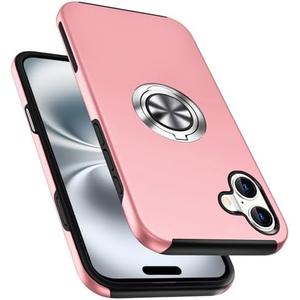 PELEPUES Shockproof Case for iPhone 16 6.1 inch, [Embedded Finger Ring] Military Grade Phone Case Cover with Reinforced Metal Stand Kickstand [Support Magnetic Car Holder] for iPhone 16, Pink