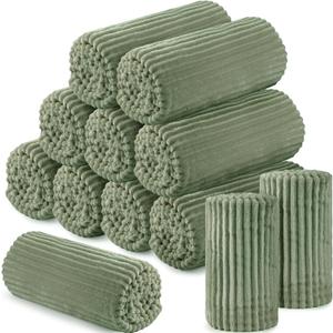 Buryeah 12 Pcs Flannel Throw Blanket Bulk 50 x 60 Inch Wedding Throw Blanket Soft Lightweight Winter Blankets with Striped Ribbed for Sofa Room Couch Donation Homeless Gifts (Sage Green)