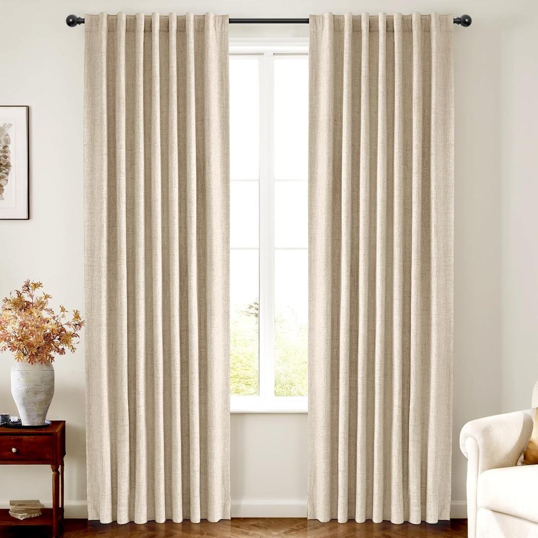 INOVADAY 100% Blackout Curtains 84 Inches Length 2 Panels Set, Back Tab/Rod Pocket Linen Black Out Curtains for Bedroom, Thermal Insulated Window Drapes - Oatmeal, W50 X L84