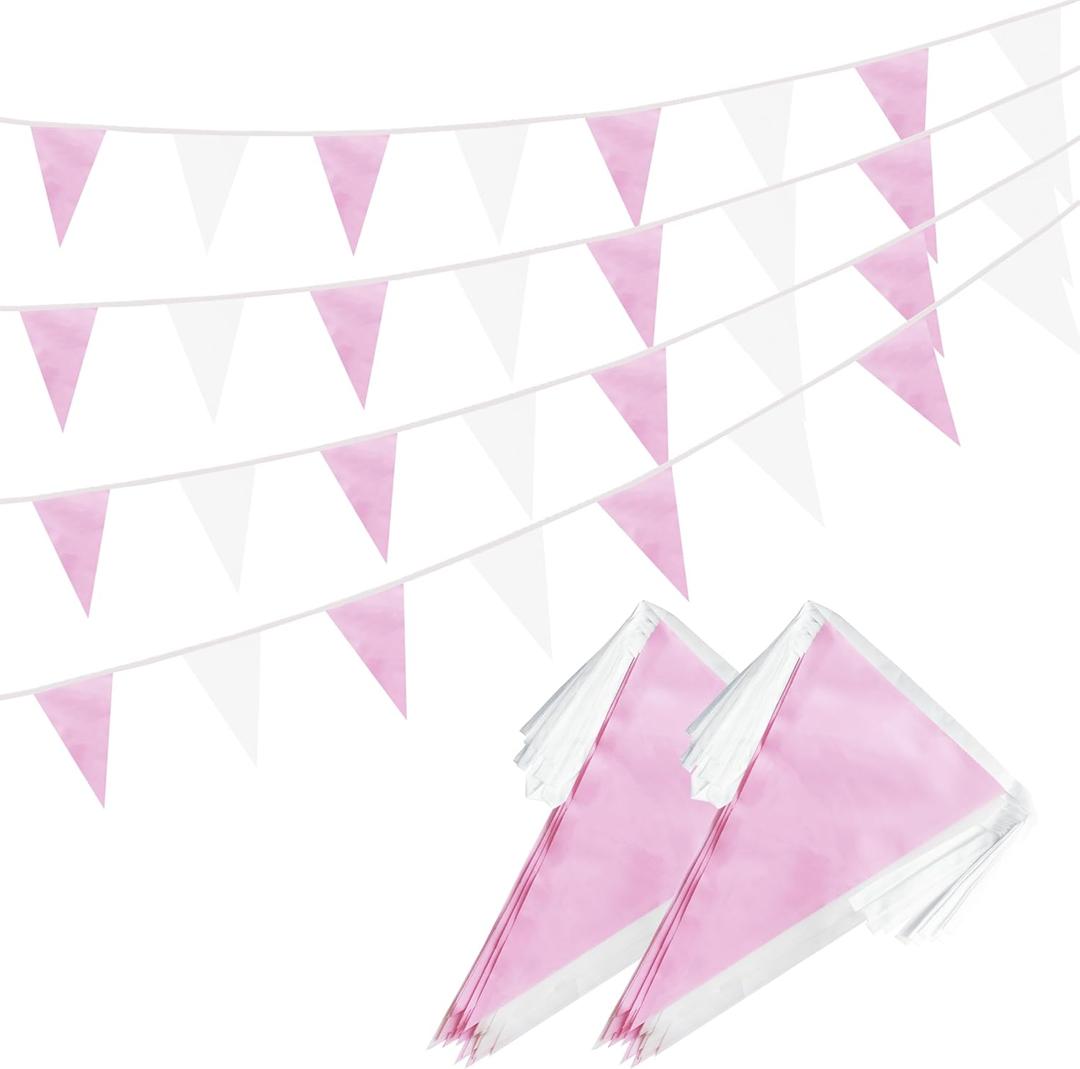 100 Feet White Pink Pennant Banner Flags String, 60 Pcs Bunting Flag for Birthday, Party, Shops, Outdoor and Indoor Decorations, Festival Celebration, 2 Pack (2)