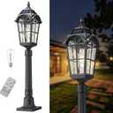 Solar Outdoor Post Light with Remote, Dusk to Dawn Solar Panels Waterproof Exterior Pole Lamp with Pier Mount Base Water Ripple Glass Auto On/Off Pathway Lighting for Garden Walkway Street