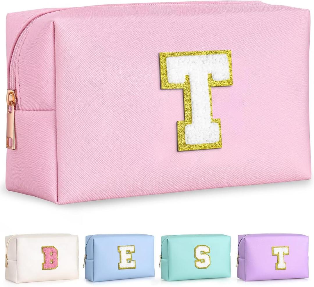 TOPEAST Dorm Room Essentials for Girls - Pink Initial Makeup Bag, College Essentials PU Leather Bag | Travel Car Essentials | Cute Stuff Birthday Gift for Friends Sister (Pink T)