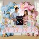 Gender Reveal Balloons - 105pcs Pink Blue Balloon Garland Kit,2 Daddy and Mommy To Be Tinplate Badge Pin,stickers,plates and napkins,4pcs Baby Box With Letters,for Baby Shower Celebration