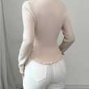 Women's Floral Applique Ribbed Knit T Shirt Long Sleeve Crewneck Slim Fit Lettuce Trim Elegant Top (S)